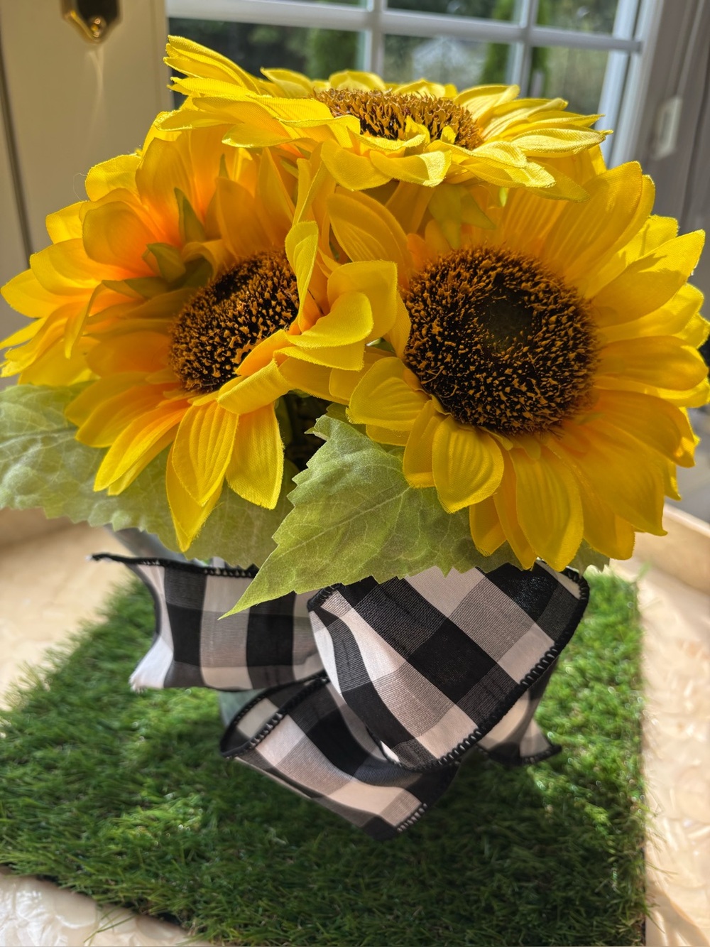 Yellow Sunflower Bouquet with Buffalo Check Ribbon in Tin Watering Can